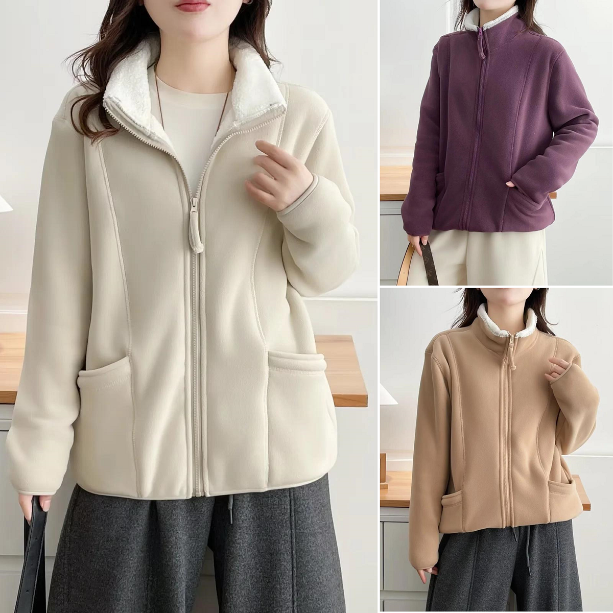 大码女装立领加绒加厚大口袋外套