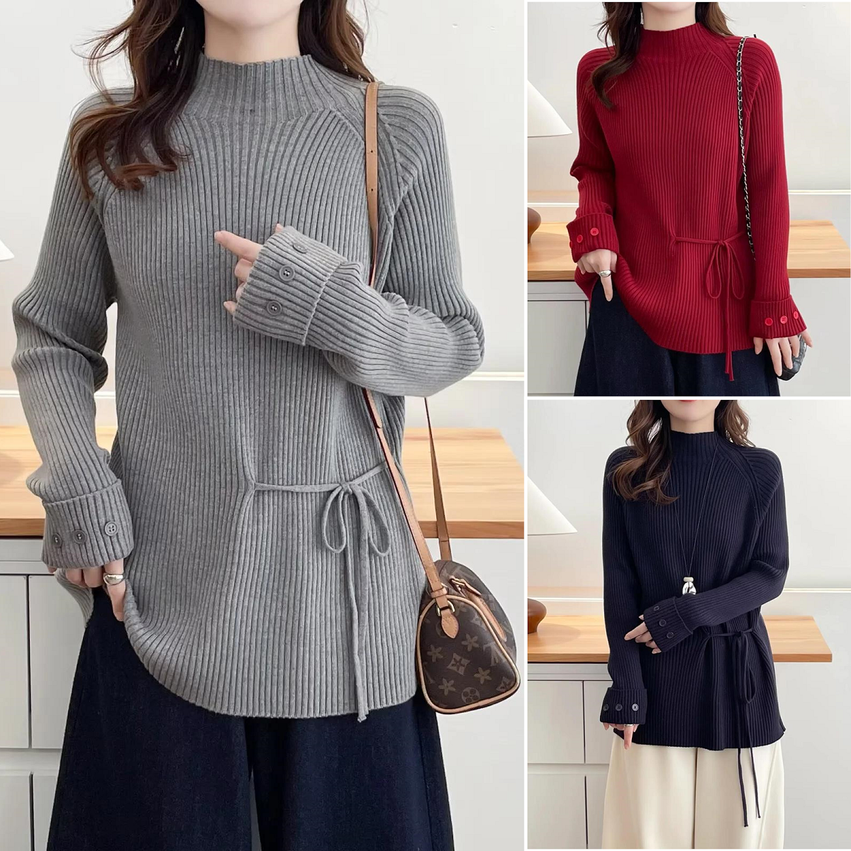 大码厚版半高领腰带收腰针织衫