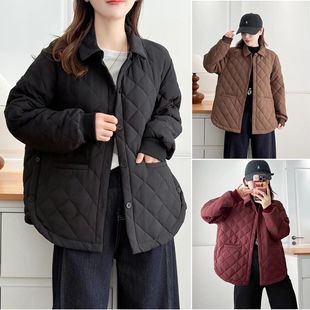 女装 胖妹妹大码 纽扣中年棉服女时髦翻领菱形格棉袄 新款 2025冬装