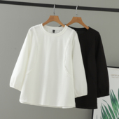 圆领长袖 女装 花边拼接中年女上衣下摆开叉T恤 2026大码 胖妹妹春装