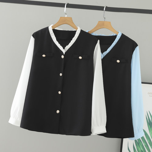 中年拼接木耳边衬衫假两件