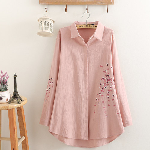 长袖棉麻衬衫胖mm大码宽松