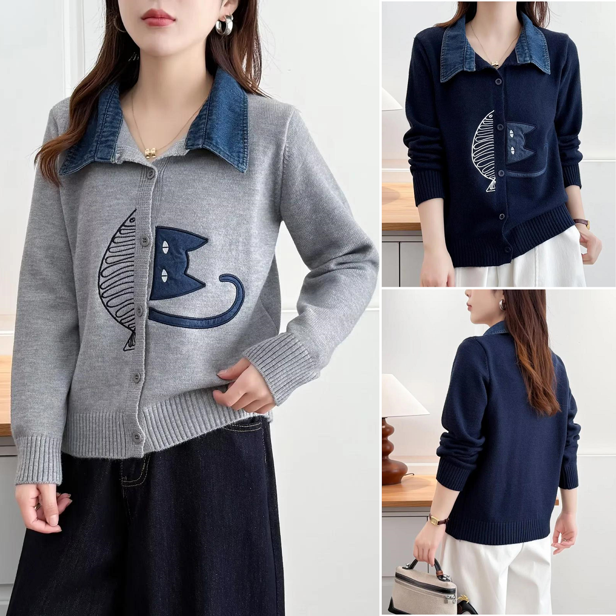 胖mm大码女装冬装2025中年开衫牛仔拼接翻领针织衫猫鱼刺绣女上衣