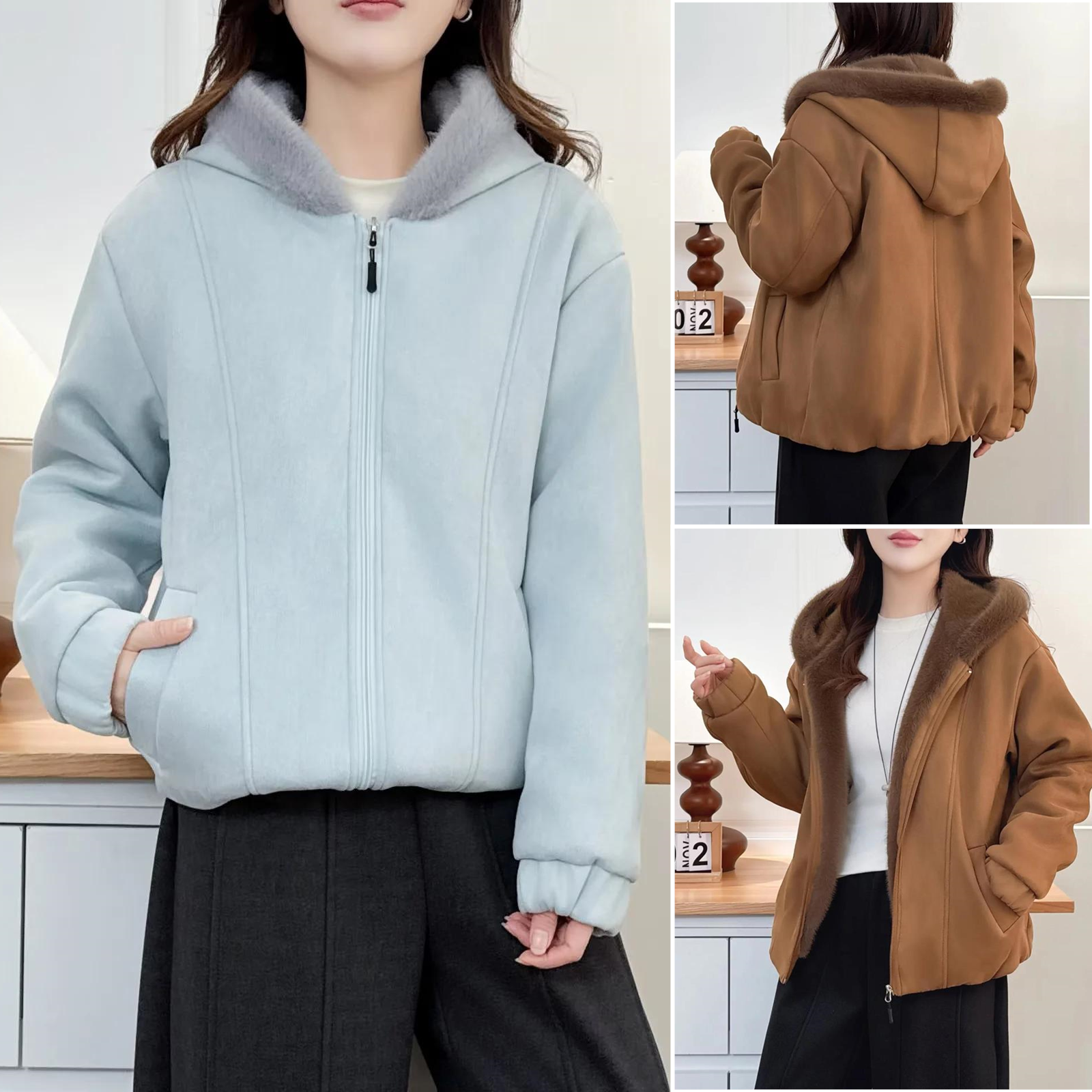 袄纯色连帽桃皮绒毛茸茸领棉服