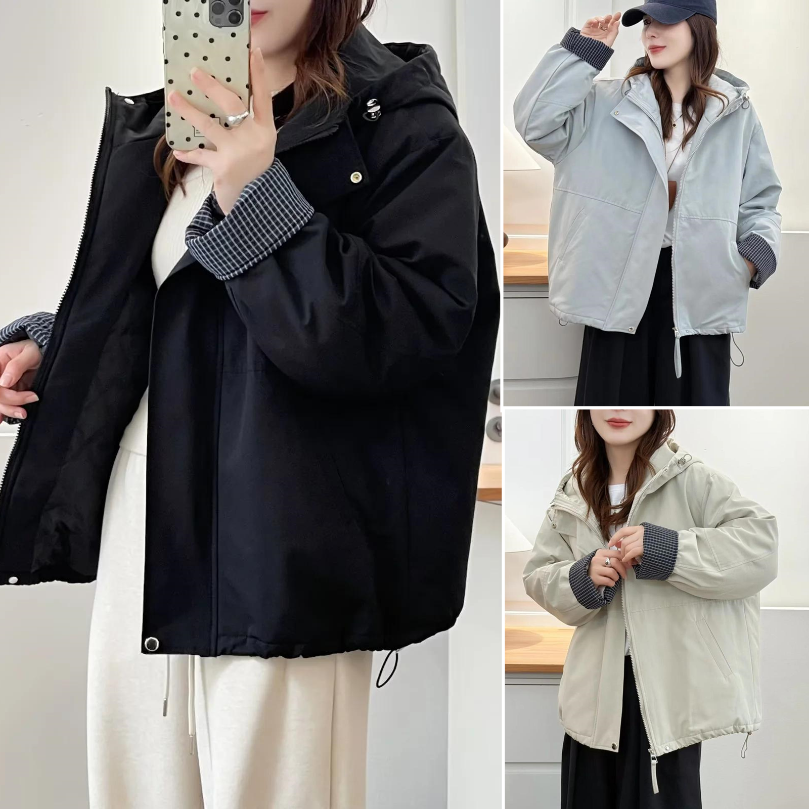 胖妹妹冬装连帽棉服撞色派克服女