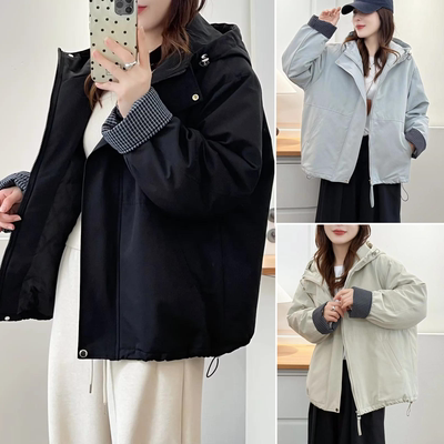 胖妹妹冬装连帽棉服撞色派克服女