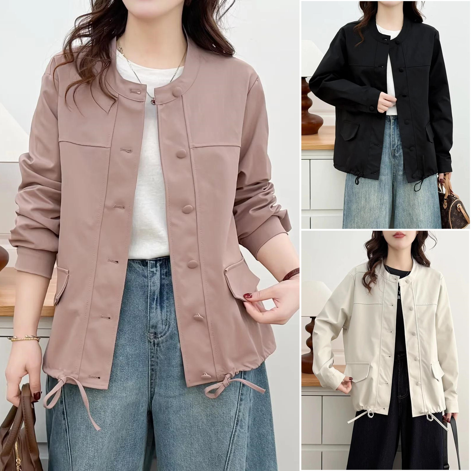 2026女装新款胖mm春装纯色外套工装中年夹克减龄大码圆领上衣女,女装/女士精品,常规大码外套,淘宝优惠券,粉丝福利购,淘宝优惠卷