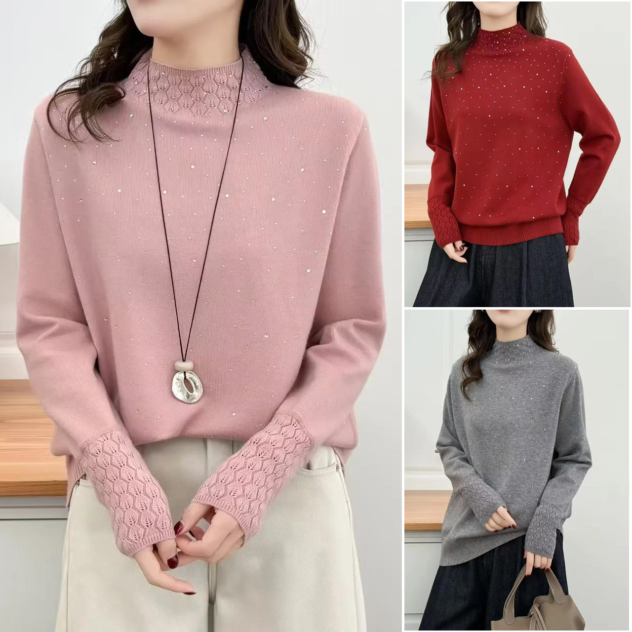 胖mm冬装新款女装2025烫钻打底衫针织大码上衣女半高领中年毛衣,女装/女士精品,大码内搭,淘宝优惠券,粉丝福利购,淘宝优惠卷