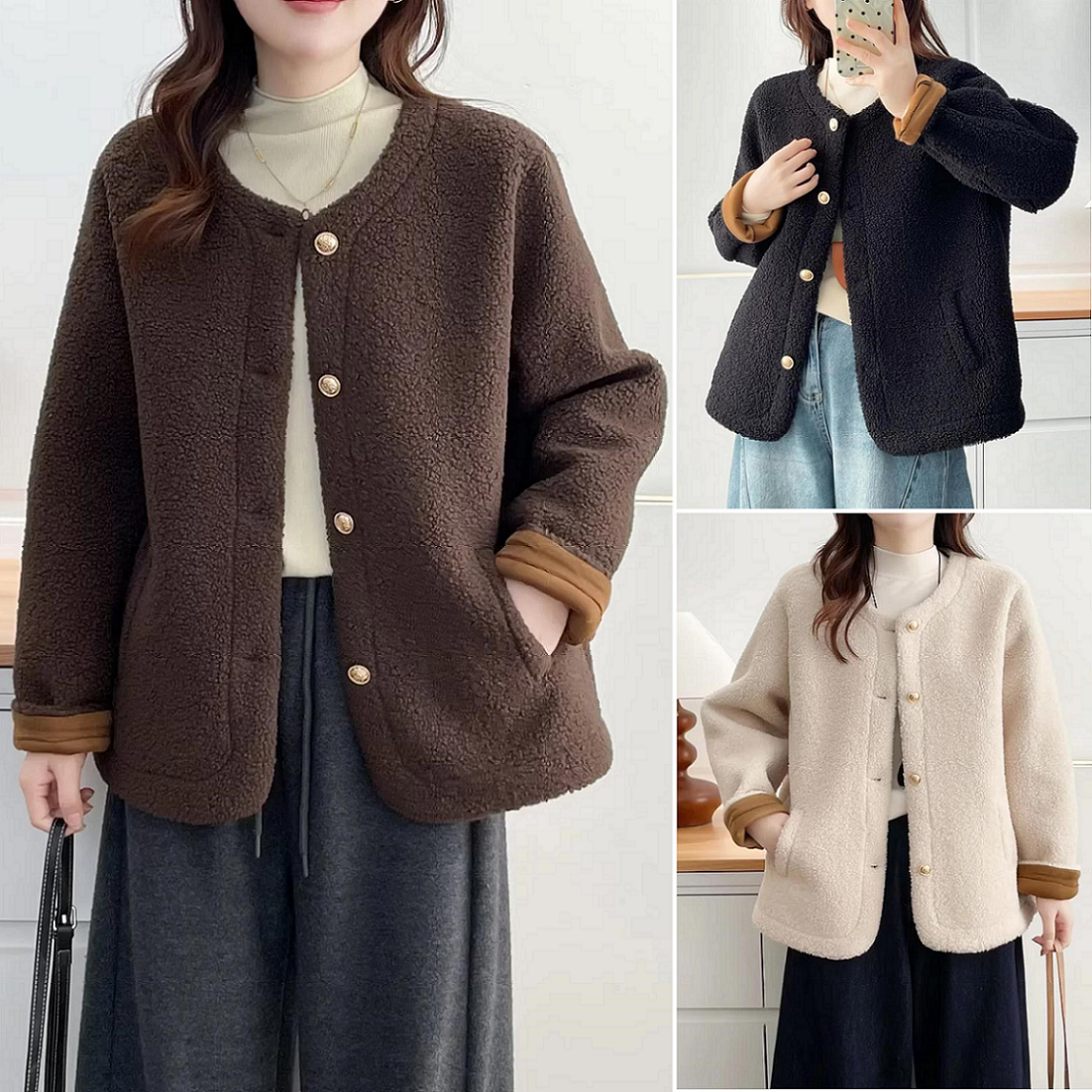 颗粒绒圆领小香风翻袖撞色外套