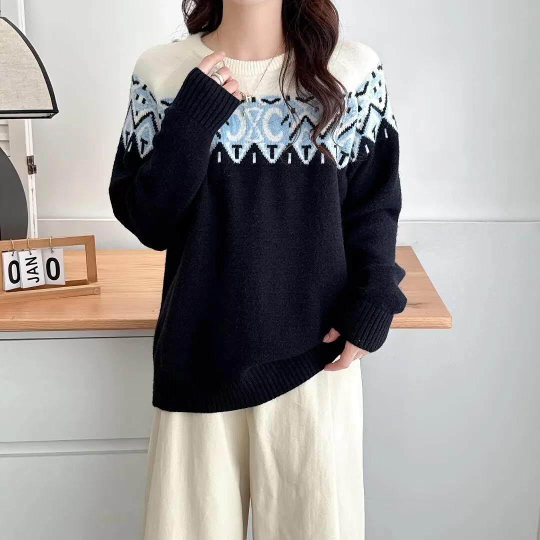 加肥加大码女装胖mm冬装提花拼色洋气上衣女圆领200斤设计感毛衣,女装/女士精品,大码内搭,淘宝优惠券,粉丝福利购,淘宝优惠卷