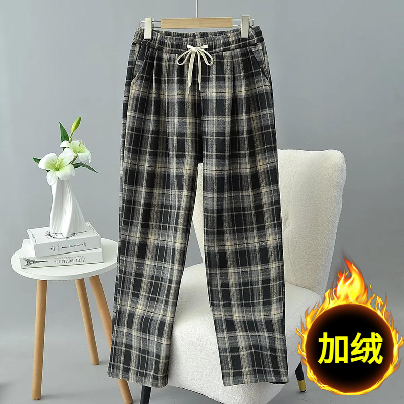 冬装大码加绒格子裤女