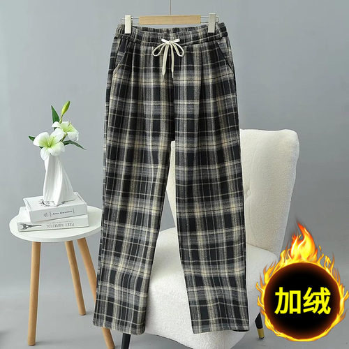 冬装大码加绒格子裤女