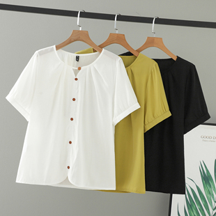 镂空串珠减龄T恤短袖 胖mm夏装 压褶圆领200斤泡泡袖 女装 上衣女 大码