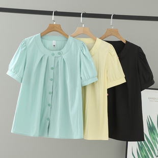 大码 女短袖 女装 衬衫 单排圆领双纽扣纯色200斤衬衣 夏装 胖妹妹新款