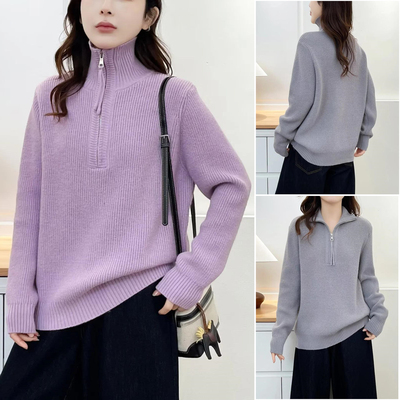 大码半拉链翻领加厚纯色针织衫女