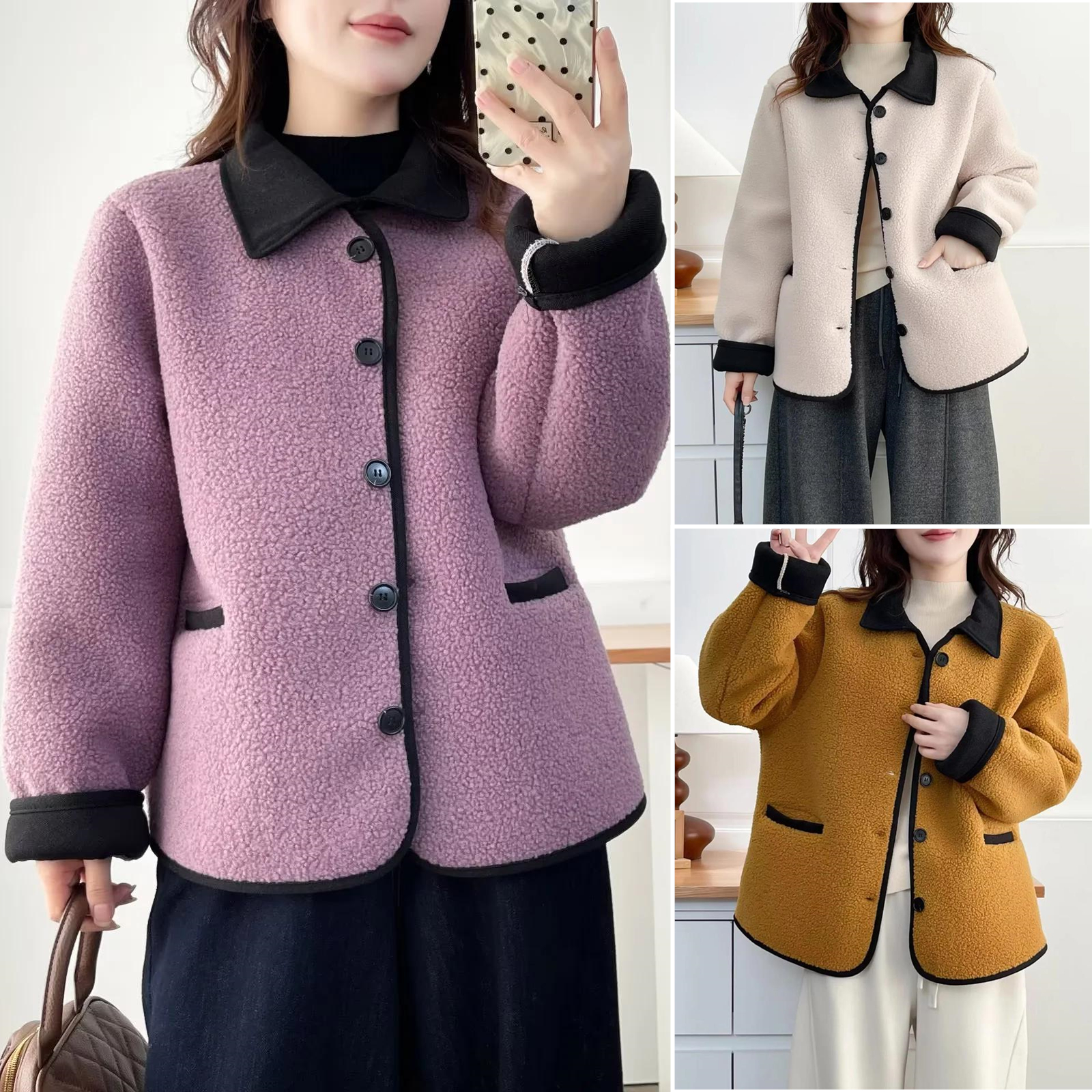 颗粒绒撞色拼接翻领加绒加厚外套