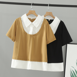 上衣假两件200斤休闲翻领短袖 夏装 女装 胖妹妹加肥加大码 女T恤 新款