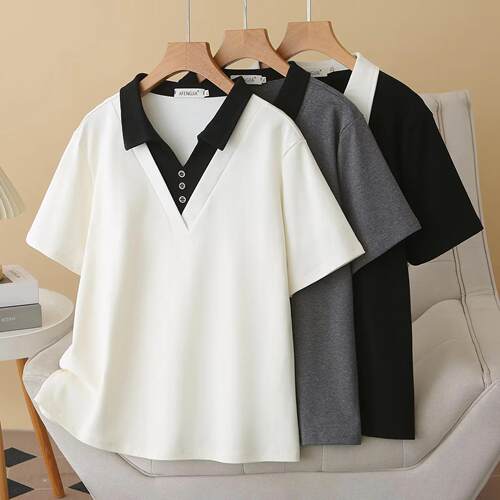 夏装微胖大码翻领假两件拼接T恤