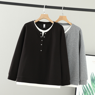 拼色套头V领长袖 胖mm假两件减龄时髦卫衣女大码 上衣 秋装 2025女装