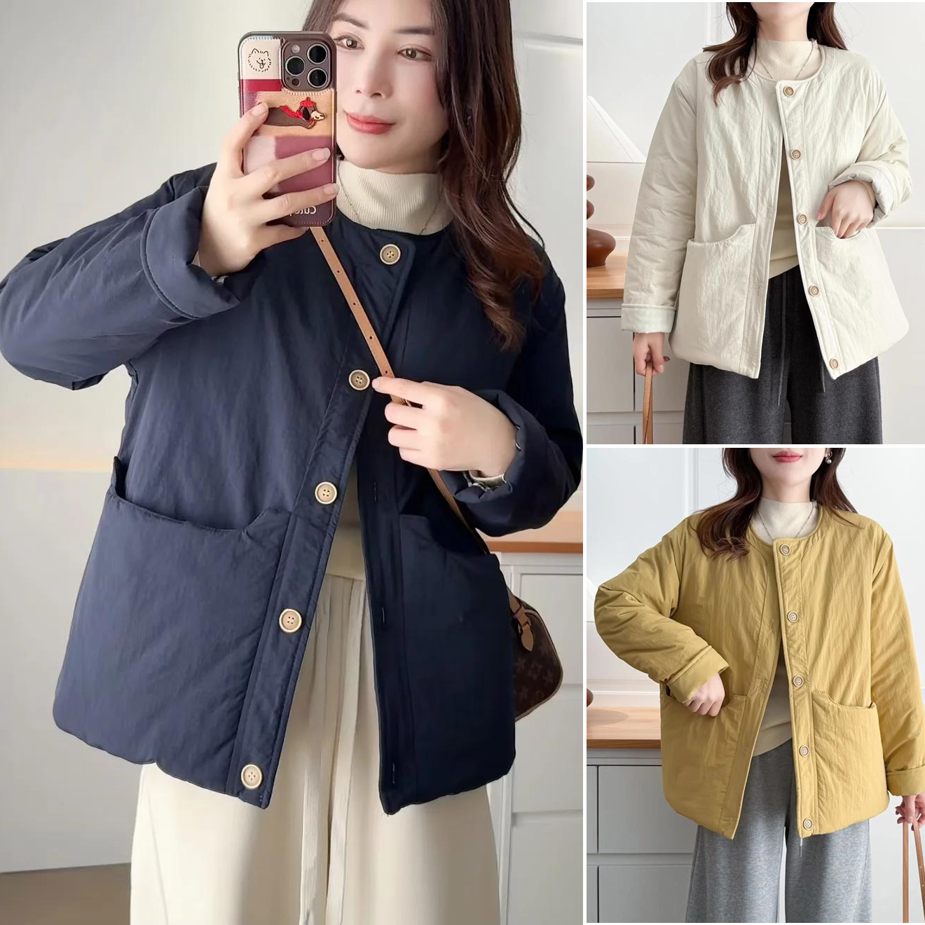 大码加厚圆领减龄大口袋纯色棉服