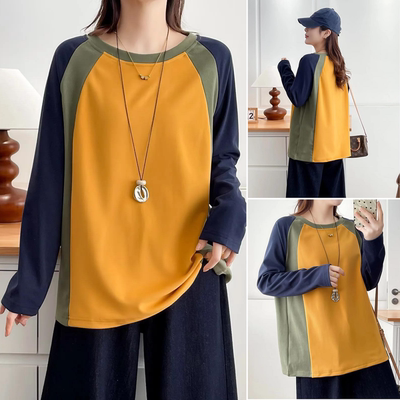 拼接圆领打底衫撞色中年上衣女
