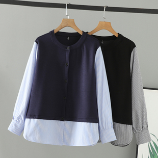 2025女装 大码 春装 女假两件条纹开衫 衬衣 圆领遮肚子衬衫 胖mm新款