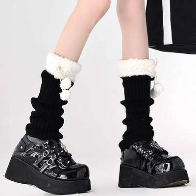 秋冬羊羔毛拼接针织袜套保暖毛球堆堆小腿套袜子毛球中长筒袜子女