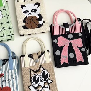 手提小包2024夏季 少女卡通手机包毛线针织小方包可调节斜挎包 新款