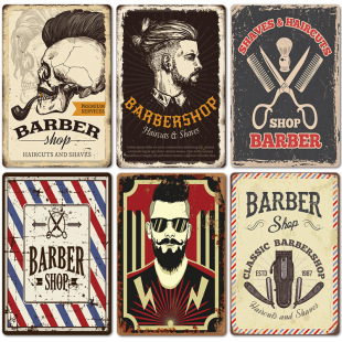 2024新款 barbershop海报复古铁皮画 理发店背景墙壁无框装饰挂画