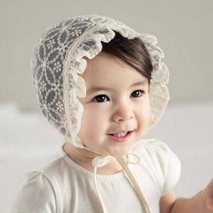 韩国进口新生儿帽子蕾丝花边春夏薄款 女宝宝婴儿无骨胎帽可爱公主