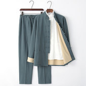 唐装 男青年长袖 套装 新款 中老年亚麻外套三件套中式 中国风汉服休闲