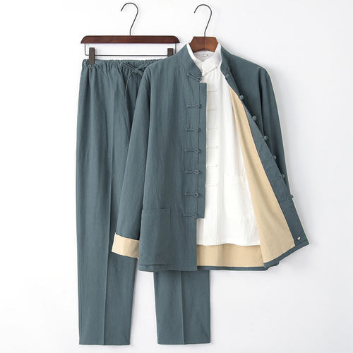 秋季新款男青年长袖亚麻汉服唐装
