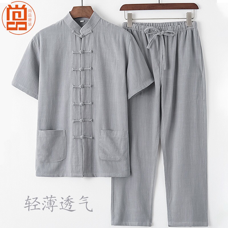 唐装男中老年中国风棉麻短袖套装古装亚麻夏季薄款中式男装居士服