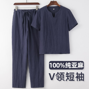 男青年夏天短袖 中式 套裝 v領(lǐng)薄款 半袖 服裝 中國風(fēng)亞麻唐裝 男t恤夏季