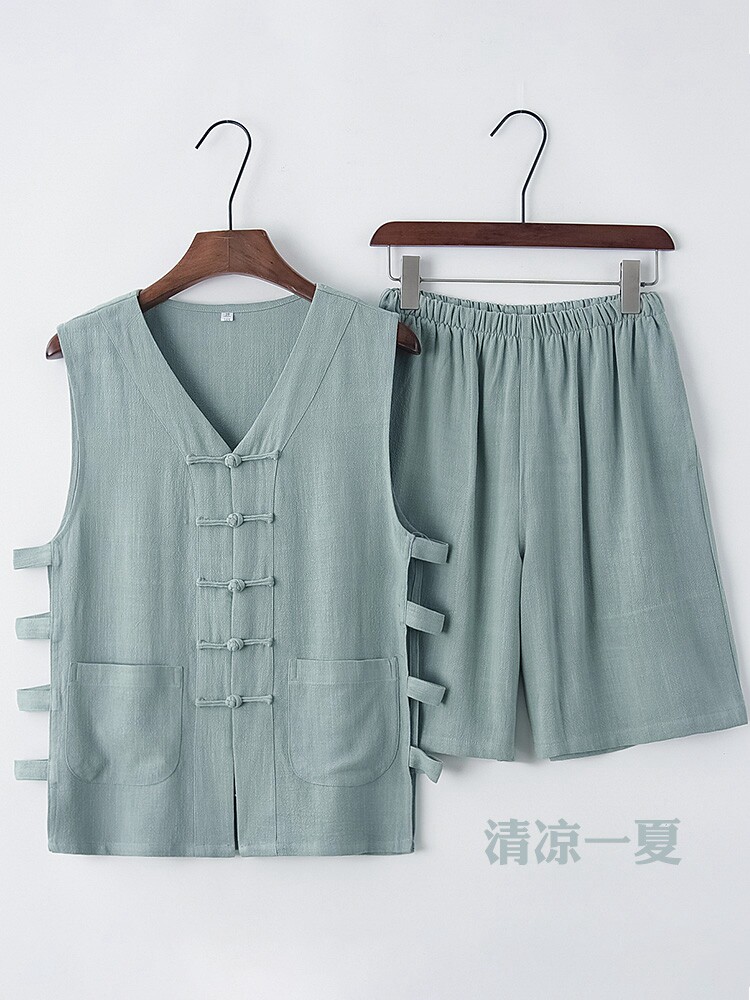 MIDDLE-AGED AND ELDERLY TANG COSTUME MEN SLEEVELESS VEST CHINESE STYLE MENS VEST RETRO HORSE COAT SHORTS COTTON LINEN SHOULDER T-SHIRT MEN