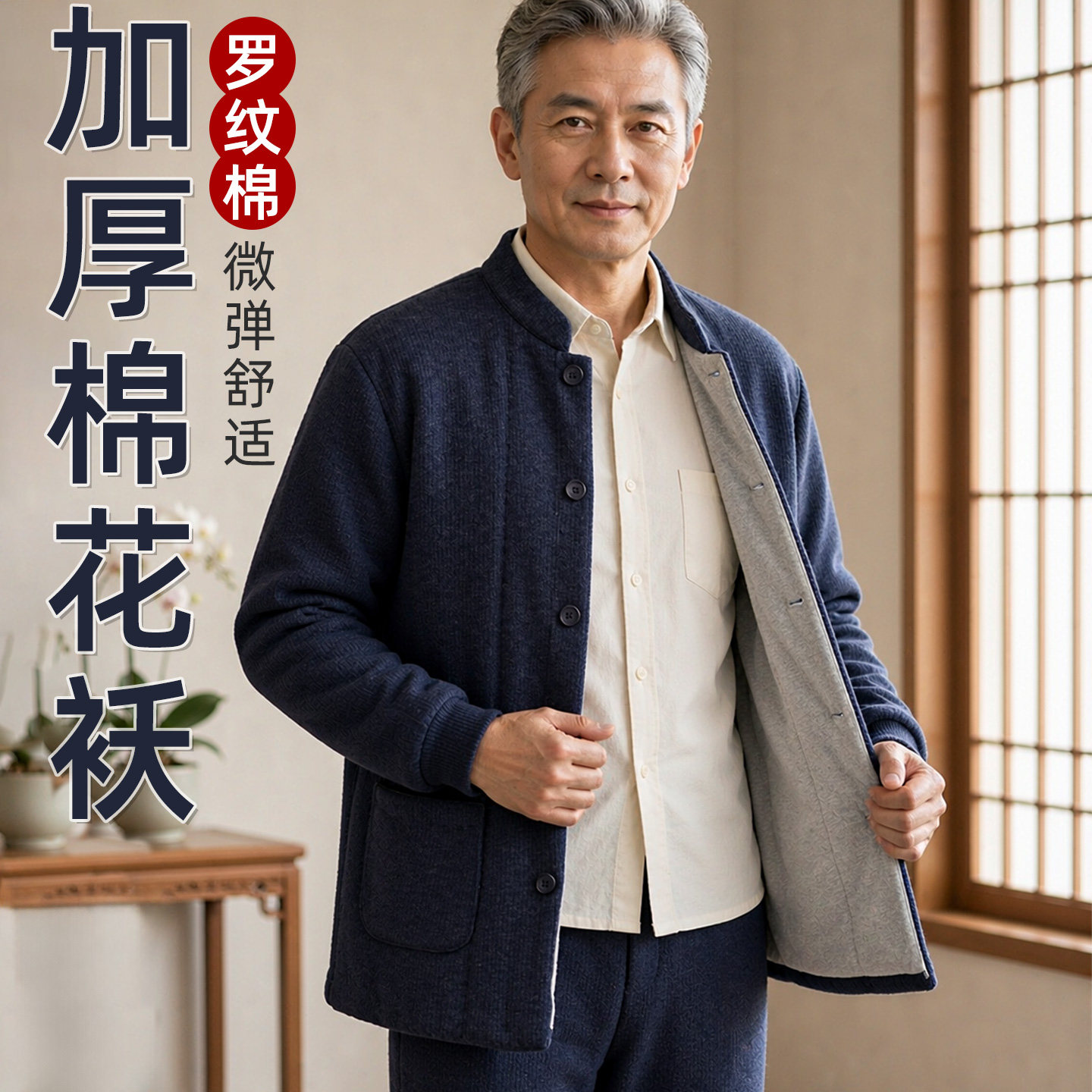 鲁隽中老年男装加厚棉衣套装棉花保暖棉袄棉裤手工棉花填充棉服