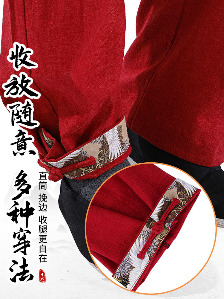 SPRING AND AUTUMN TANG DYNASTY MENS RETRO CHINESE STYLE MENS ETHNIC STYLE ELASTIC LINEN SUIT COTTON AND LINEN TWO-PIECE BUDDHIST MENS WEAR