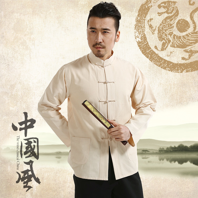 TANG SUIT MENS YOUTH RETRO CHINESE STYLE MENS LONG-SLEEVED HANFU ETHNIC STYLE COTTON COTTON JERSEY GOWN MENS SHIRT