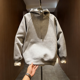 美式 春秋高级感痞帅cleanfit重磅简约帽外套 半拉链立领卫衣男女款