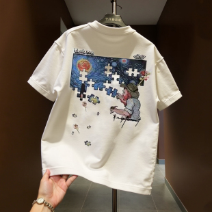 夏夜星空休闲美式 百搭休闲情侣半袖 印花短袖 夏季 潮牌男士 2026新款