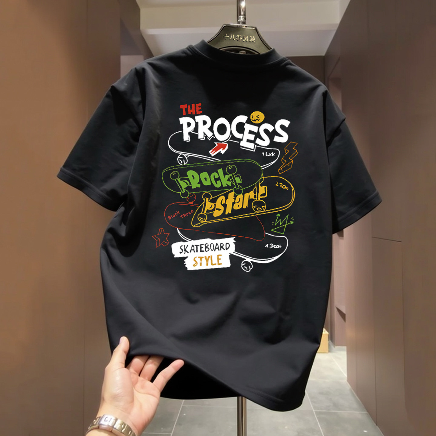 美式潮流牌纯棉宽松短袖T恤男青年黑色时尚印花圆领百搭休闲上衣