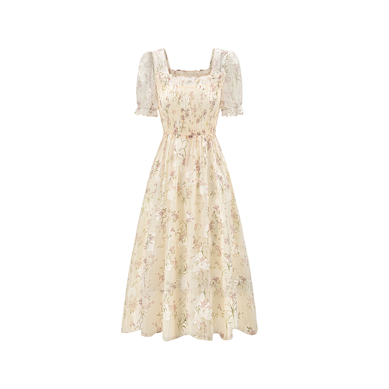 【CC家居控】法式碎花连衣裙方领泡泡袖收腰a字裙 85320058