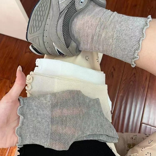 夏天微透花边袜子女中筒袜简约百搭日系jk夏季超薄网眼堆堆袜棉