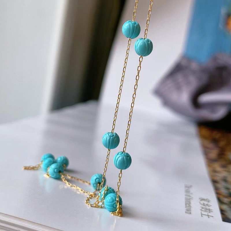 오리지널 디자인 보석 천연 청록색 연꽃 비즈 안개꽃 목걸이 여성 18K 골드 수제 체인