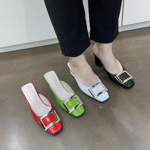 欧美风时尚 韩国足求浅口方头高跟穆勒鞋 新款 2023夏季 包头半拖女鞋
