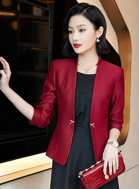高端女神范无领西装外套女秋冬气质修身西服教师主持人连衣裙套装