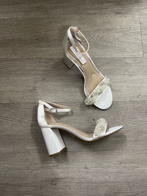 外贸原单缎面白色珍珠一字带高跟凉鞋婚鞋年会