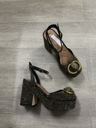 外贸原单里外全皮水钻粗跟高跟鞋防水台性感女鞋