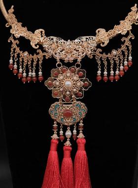 后雨山古风汉服 锦瑟 红流苏璎珞项圈蝴蝶红玛瑙点蓝长命锁新娘饰