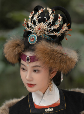 后雨山古风汉服棕灰白色毛毛卧兔儿额帕披肩昭君熙凤冬季保暖百搭